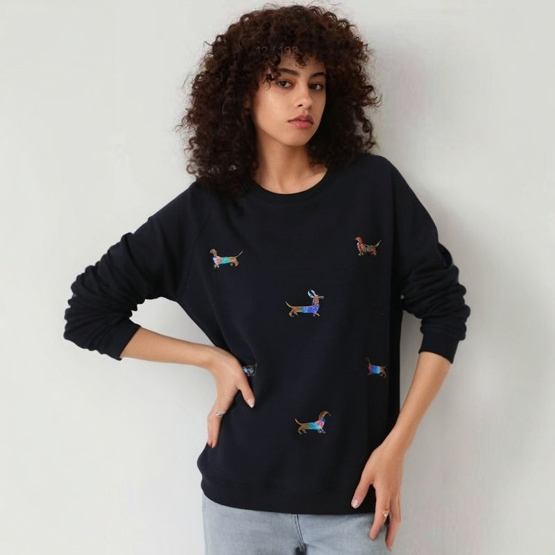 Broderet Gravhund Hund Løstsiddende Oversized Rundhalset Pullover Fleecetrøje