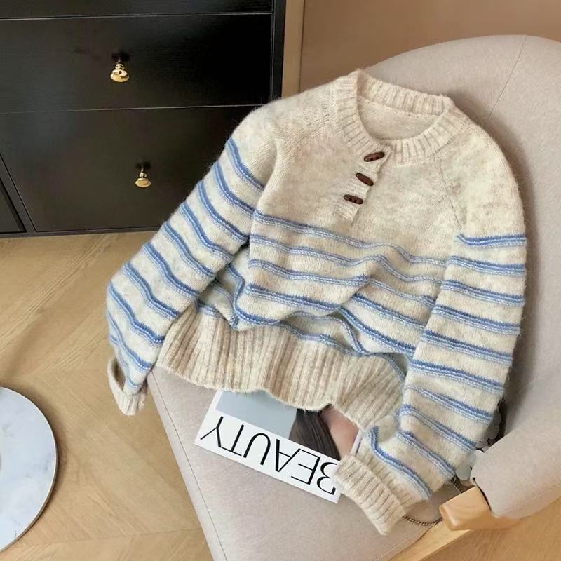 Women's Horn Button Striped Loose Preppy Style Sweater