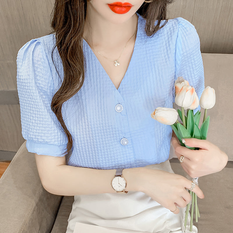 Women's New Temperament V Neck Puff Sleeve Top Short Sleeve Shirt