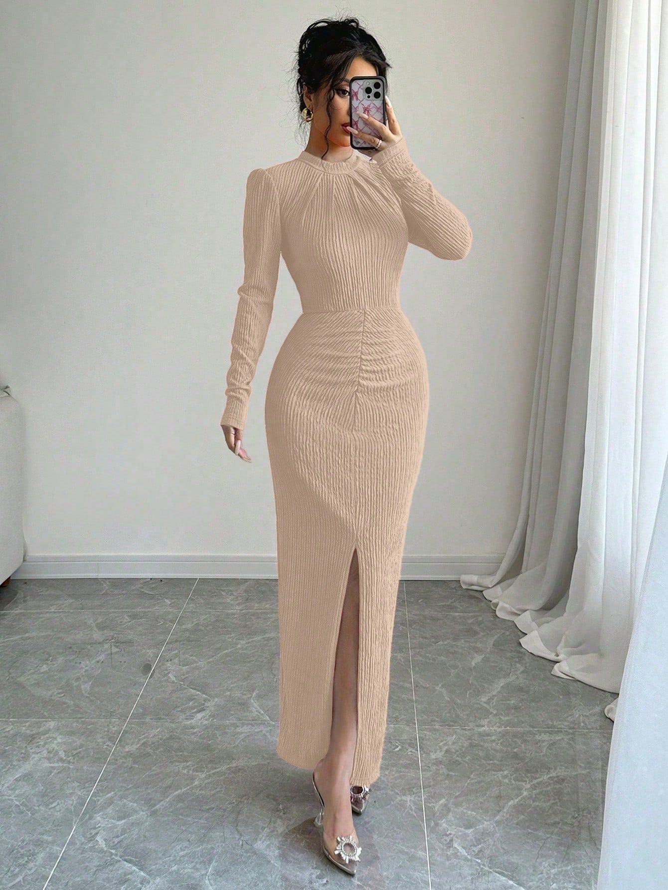 Round-neck Fitted-waist Sheath Dress With A Slit