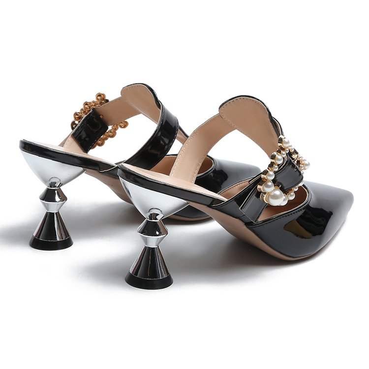 Summer Fashion Pointed-toe Slip-on High Heel Large Size Belt Pearl Round Buckle Sandals
