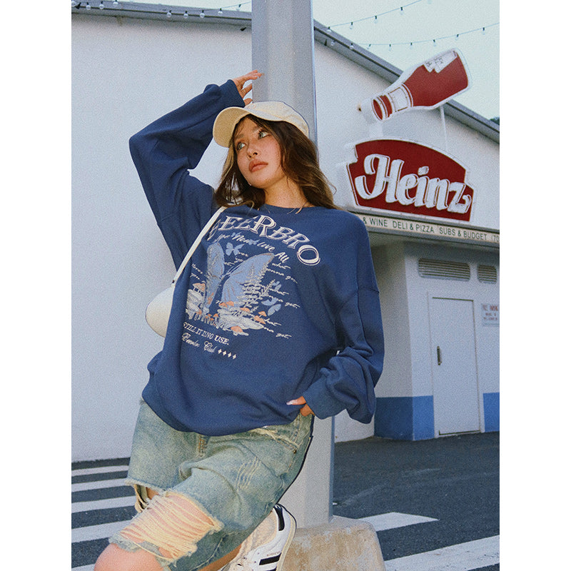 Retro American butterfly print embroidered pullover sweater girl