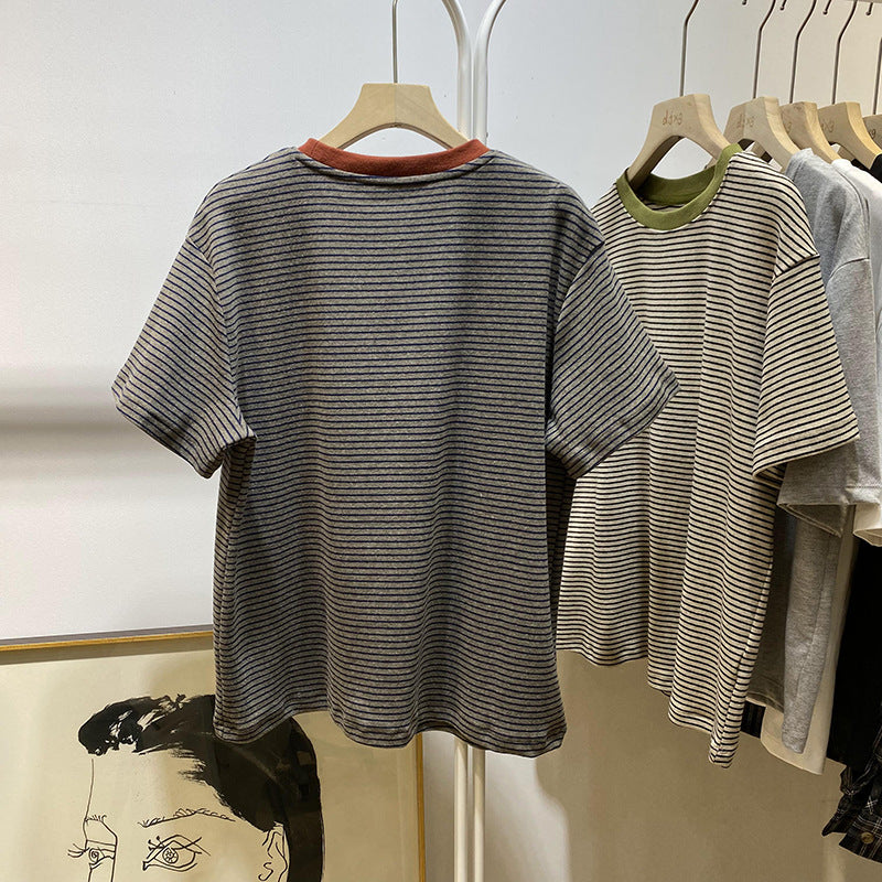 European And American Style Striped Short-sleeved T-shirt For Women