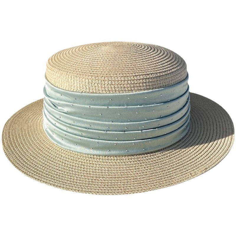 Spring And Summer Short Brim Satin Rhinestone Straw Flat Top Hat Women