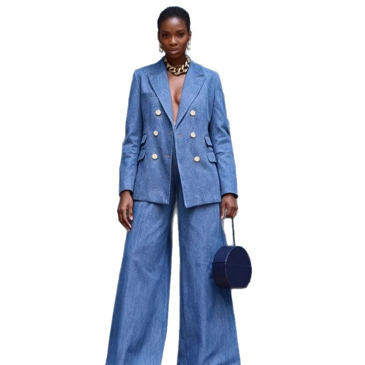Womens Solid-Color Metal-Button Fashion Suit Pants Set