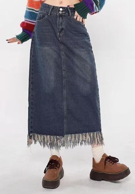 Plus Size Tassel Half-length Denim Women's Hong Kong Style Autumn High Waist Slimming A- Line Long Overknee Skirt