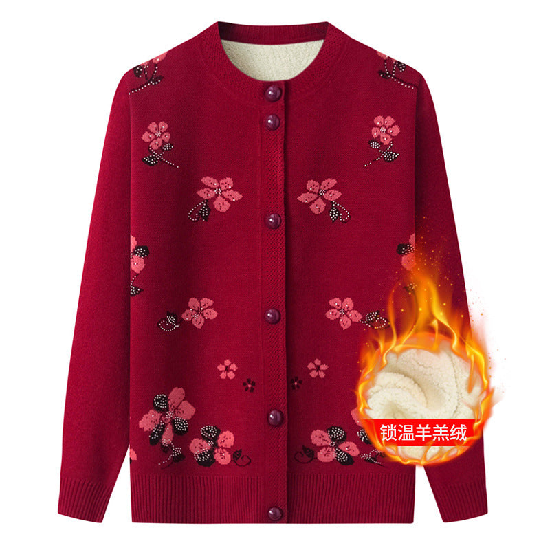 Thermal Underwear Fleece-lined Thickened Grandma Sweater Coat For Women