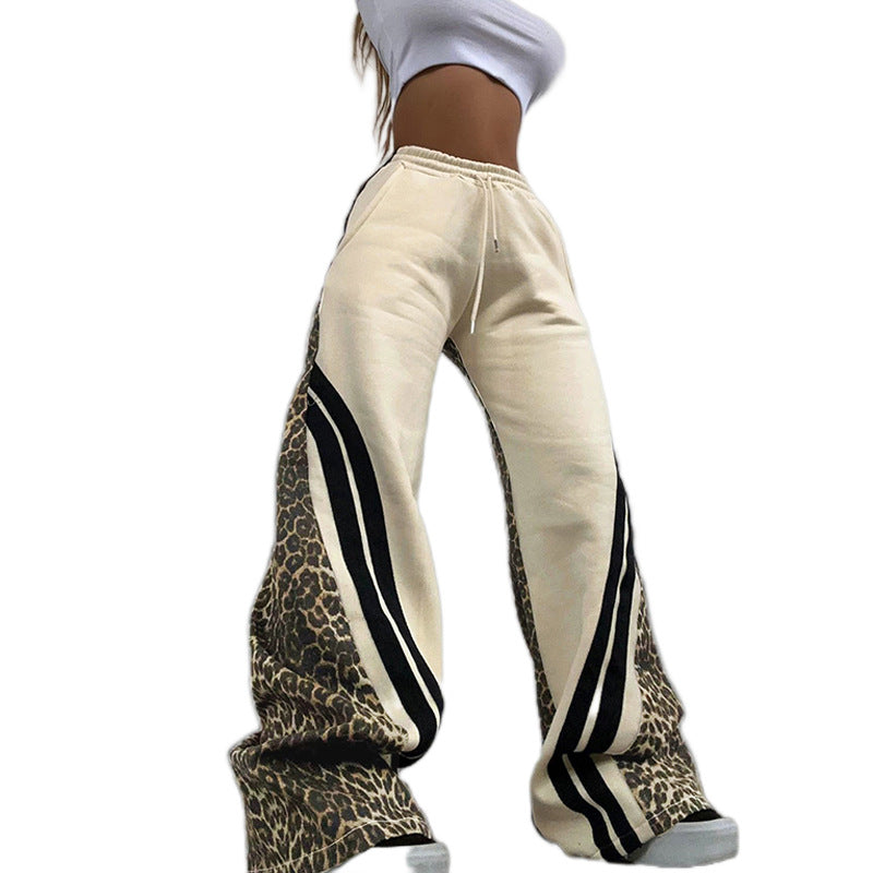 Printed Striped Color Matching High Waist Loose Trousers For Women