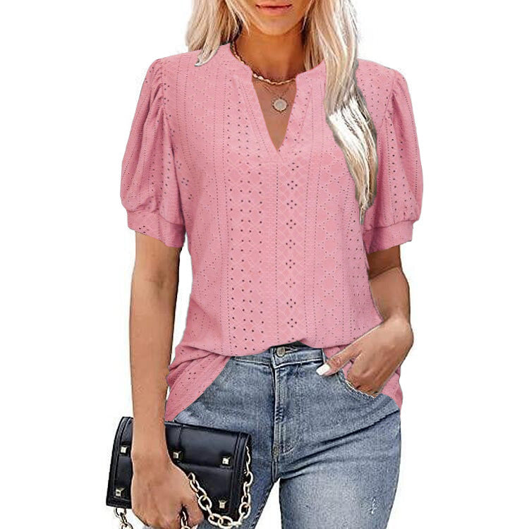 Casual V-neck Solid Color Hollow Puff Sleeve Loose T-shirt