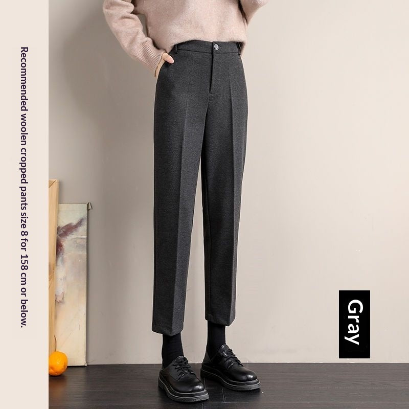 Women's Black Wool Pants With Fleece Lining For Autumn And Winter, Thick And Casual