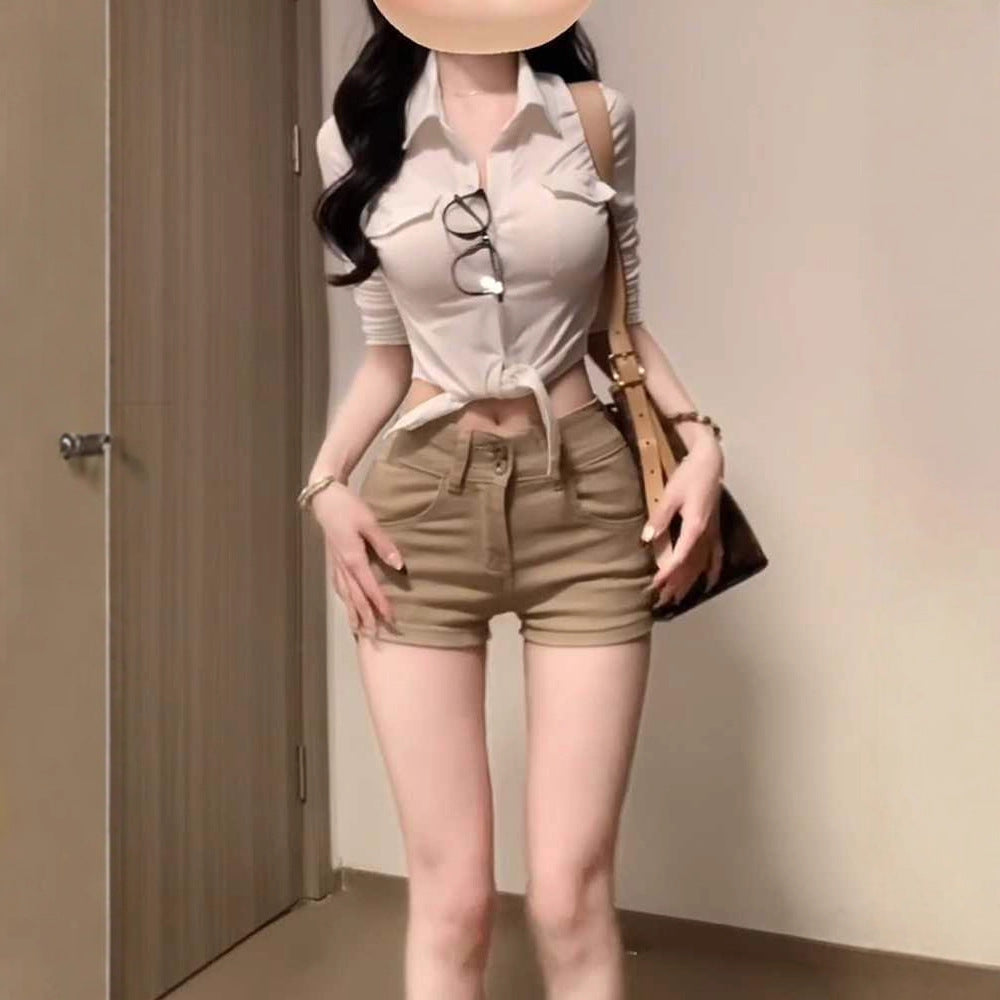 Khaki Double-Button Denim Shorts Women's Summer Style