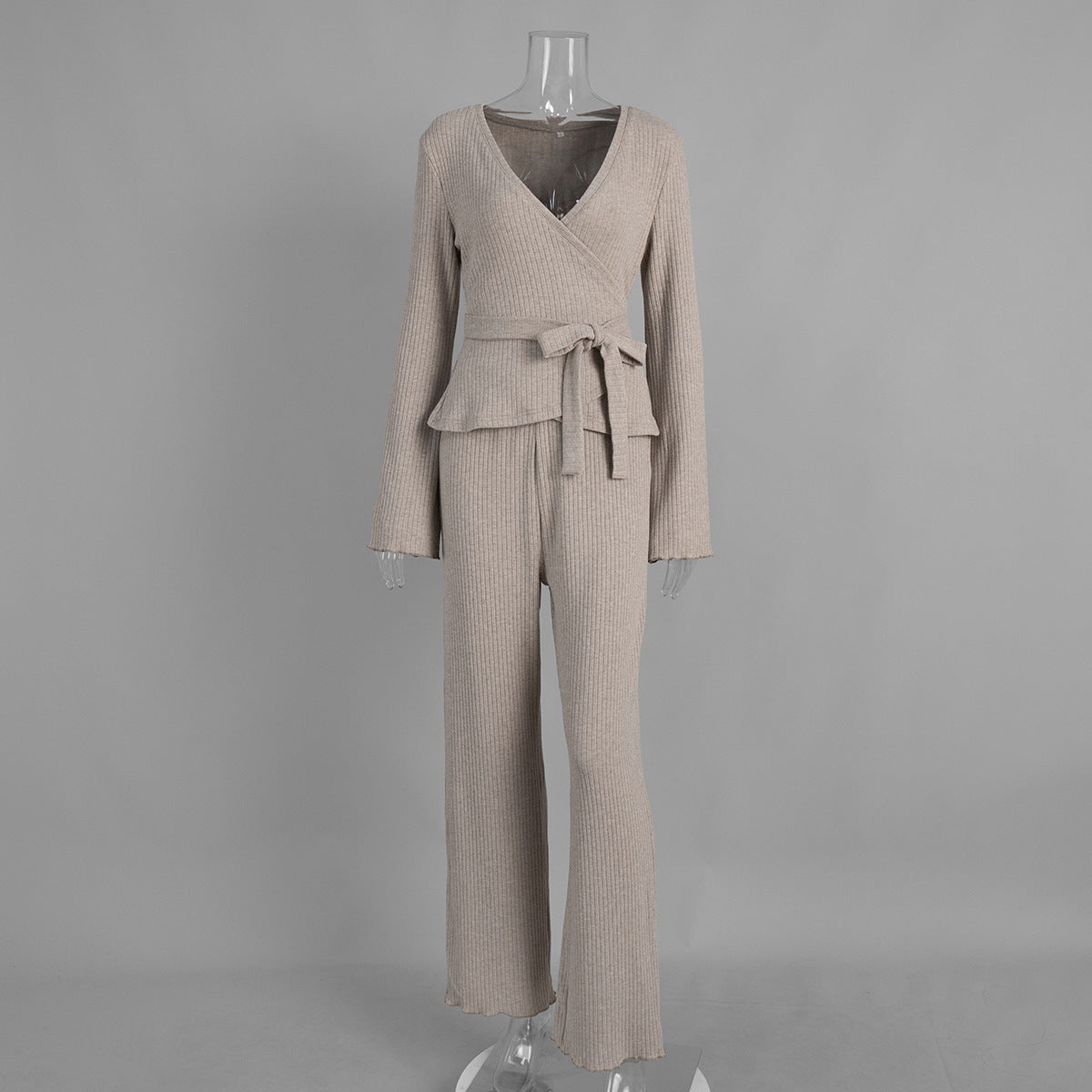 V-neck Knitted Ribbed Lace-up Long-sleeve Pants Two-piece Set