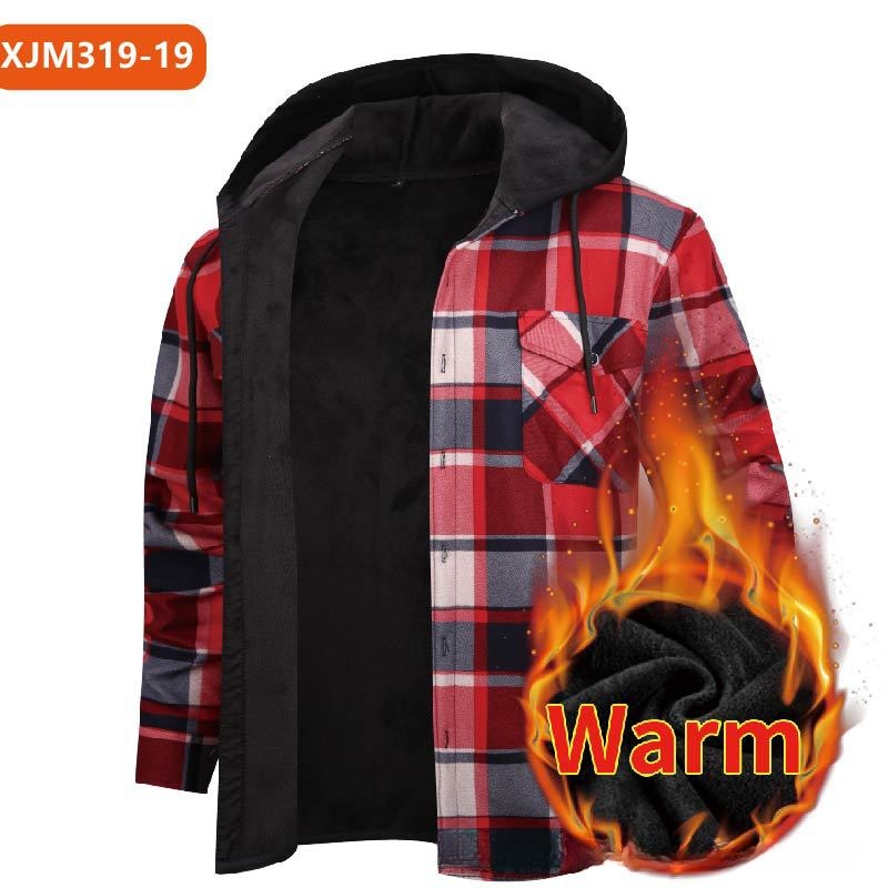 Casual Fleece-lined Hooded Plaid Shirt For Men