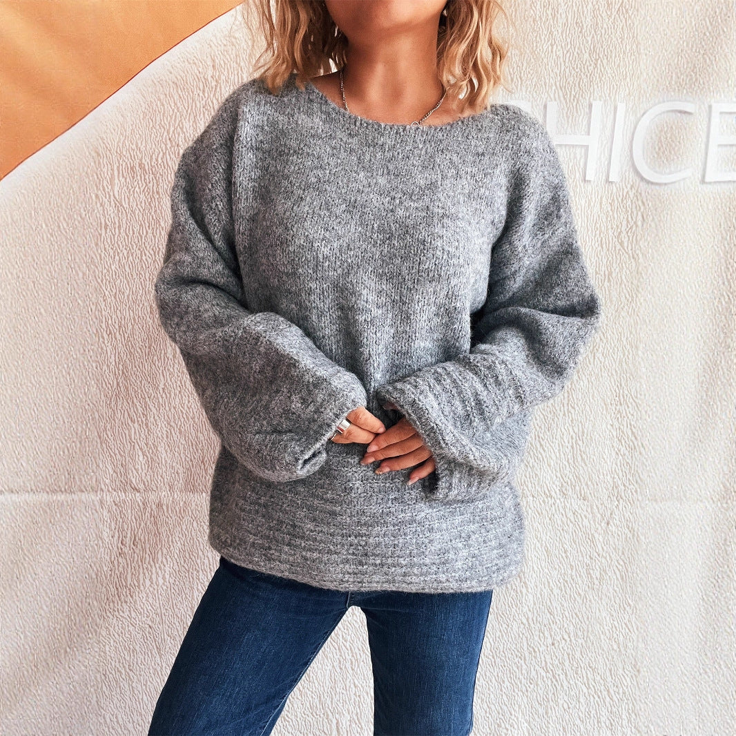 Afslappet løs strikket sweater med rund hals i vintage-stil