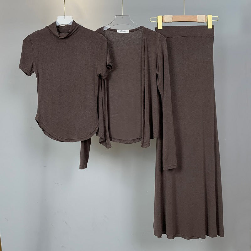 Semi-high Neck Short-sleeve T-shirt Cardigan Fishtail Skirt Three-piece Set For Women