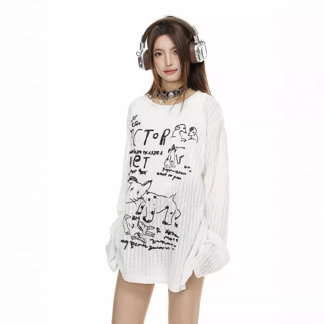 Hong Kong Style Retro Letter Animal Print Top