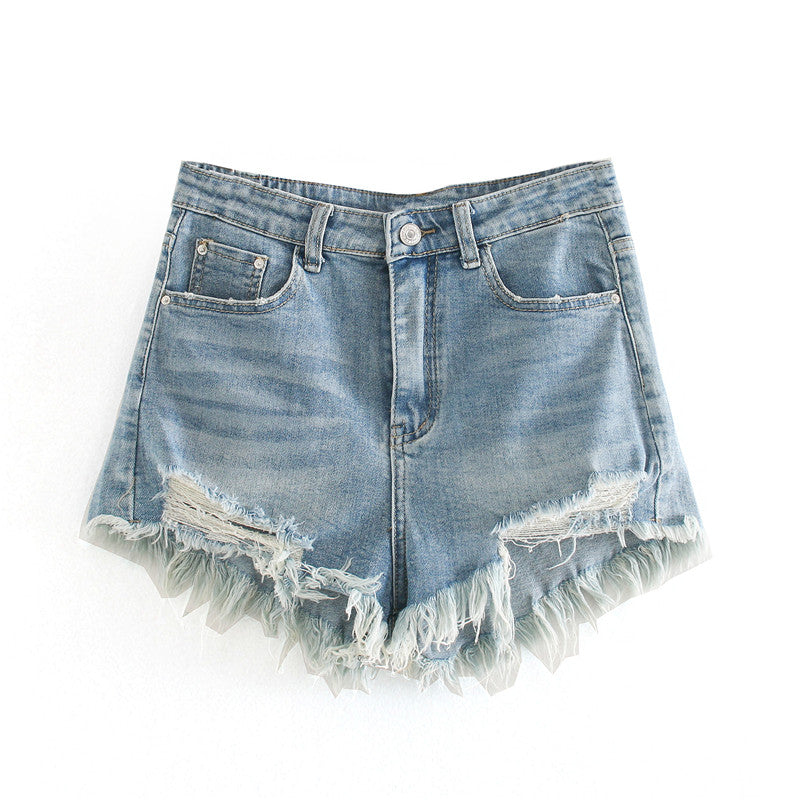 Fashion High Waist Ragged Denim Shorts