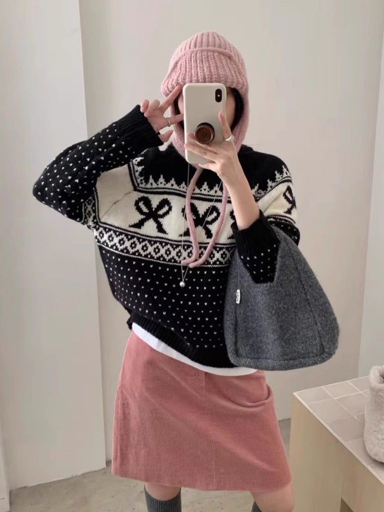 Women's Korean-style Vintage Jacquard Round Neck Sweater With Bow