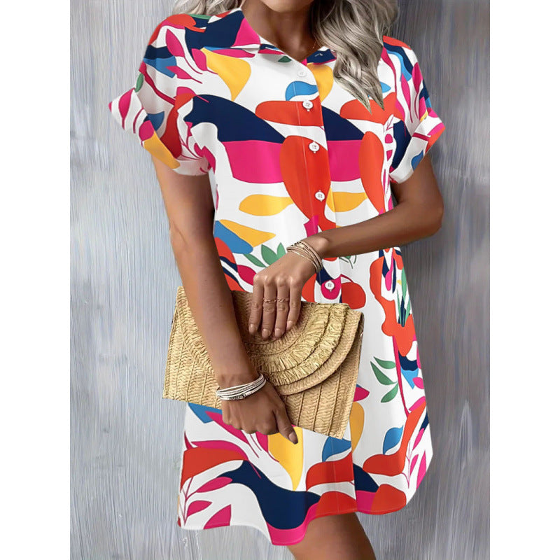 Fashionable Chic Commuter Short-Sleeve Printed Button-Up Dress For Women