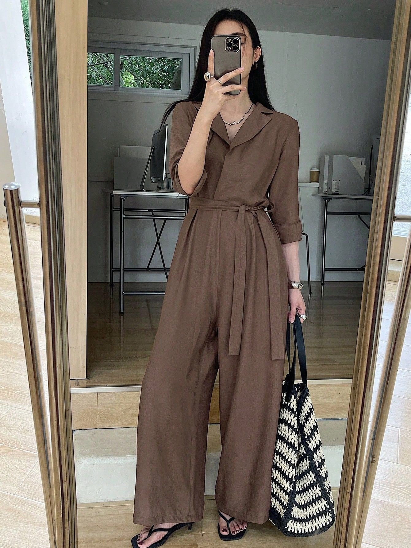 Elegant Solid-Color V-Neck Long-Sleeve Lace-Up Wide-Leg Jumpsuit