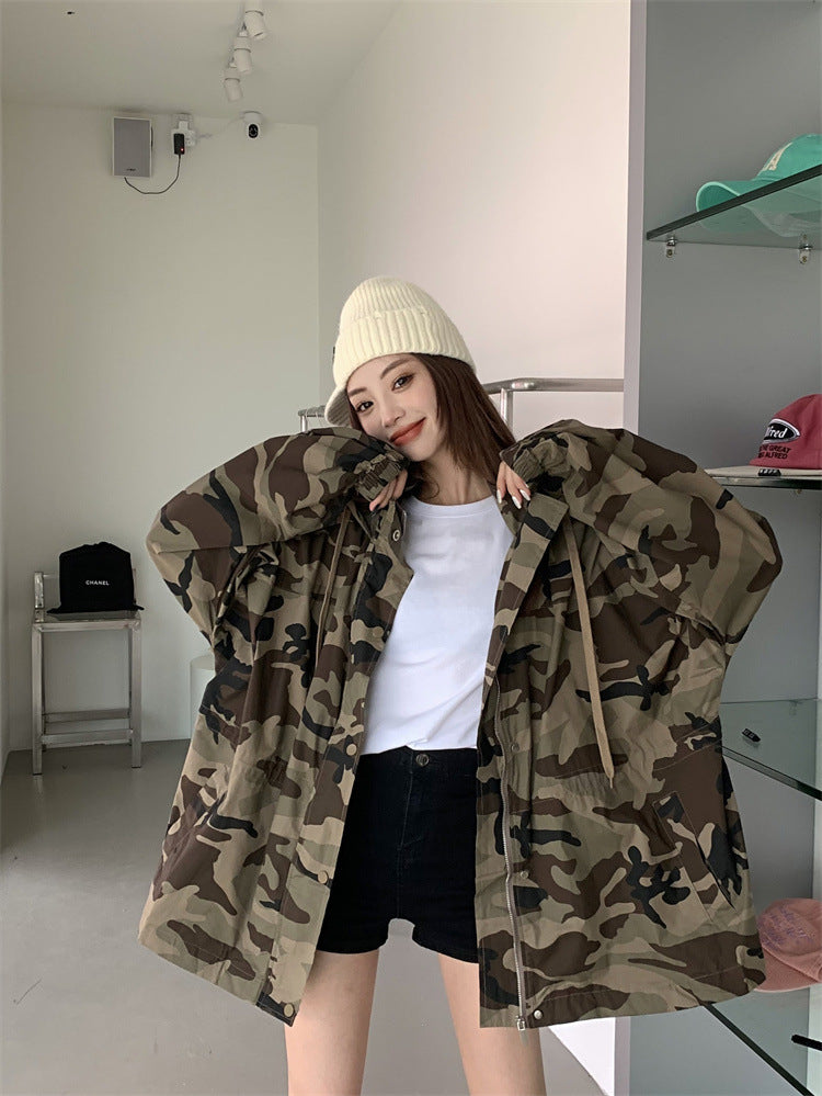 Women's Long Sleeve Zipper Camouflage Tooling Short Coat