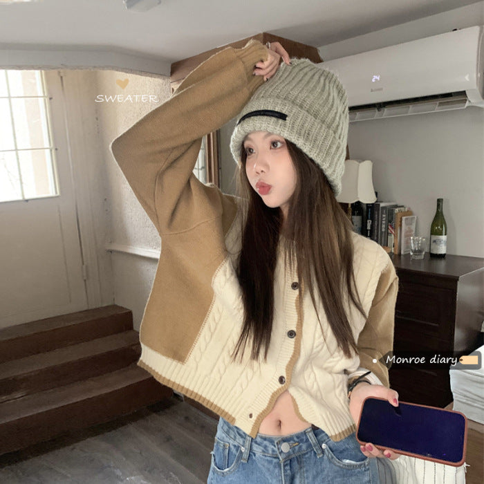 Contrast Color Knitted Cardigan Women's Sweater Coat