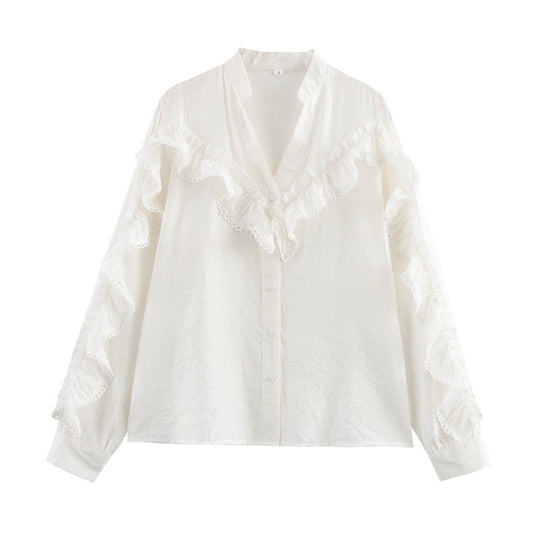 Vertical Lace Laminated Decoration Shirt