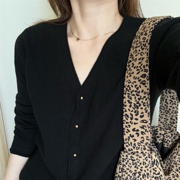 Autumn Womens Knitted Cardigan Cropped Relaxed-fit Top
