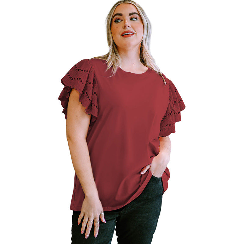 Female Lace Hollow Out Versatile Casual Short Sleeved Shirt