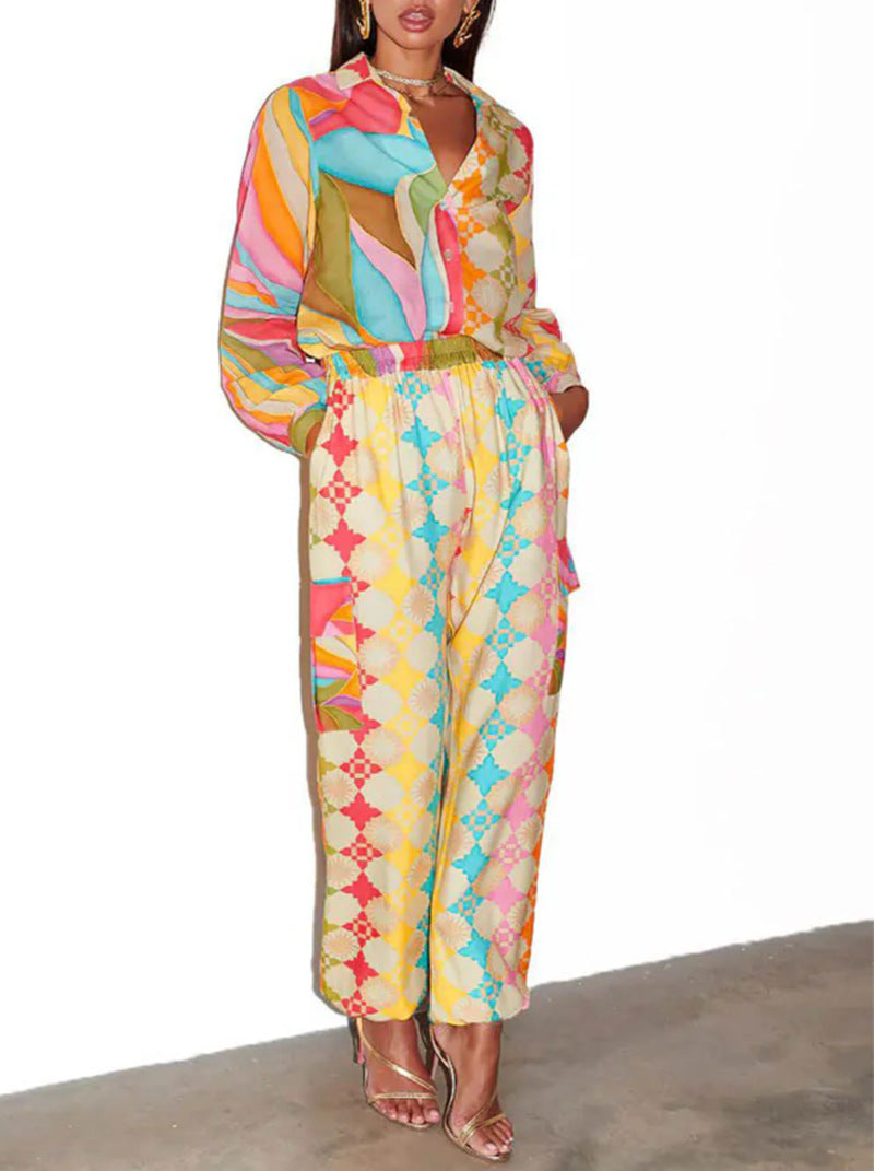 Women's V-neck Printed Painted Lantern Sleeve Elegant Commuter Style Casual Pants Set