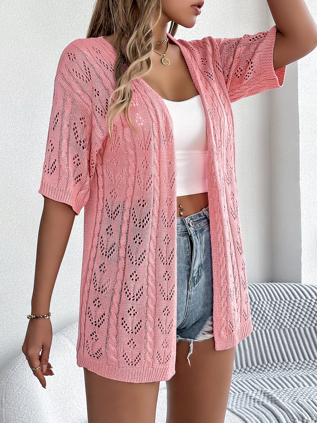 Women S Hollow Out Short Sleeve Knit Cardigan Vacation Cover-Up