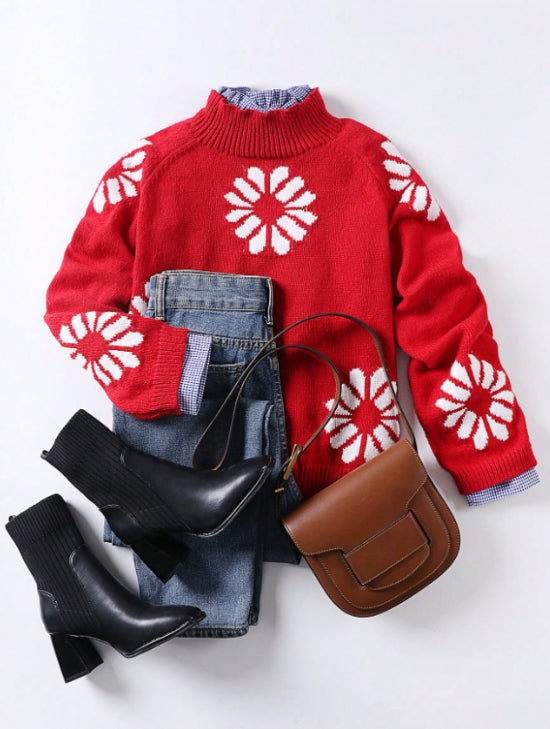 Women's Retro Brown Mock Neck Long Sleeve Sweater