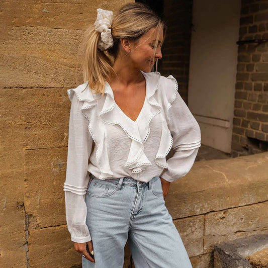 French Pastoral Style Lace Ruffled V-neck Blouse For Women