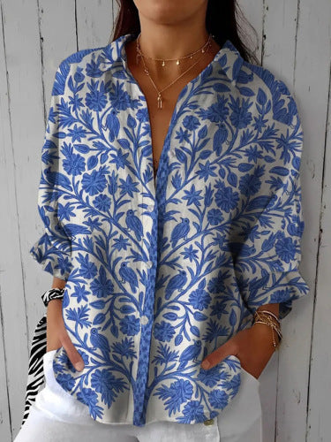 Womens Casual Long Floral-print Top