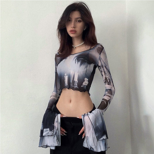 European And American Red Long-sleeved Round Neck Cropped T-shirt