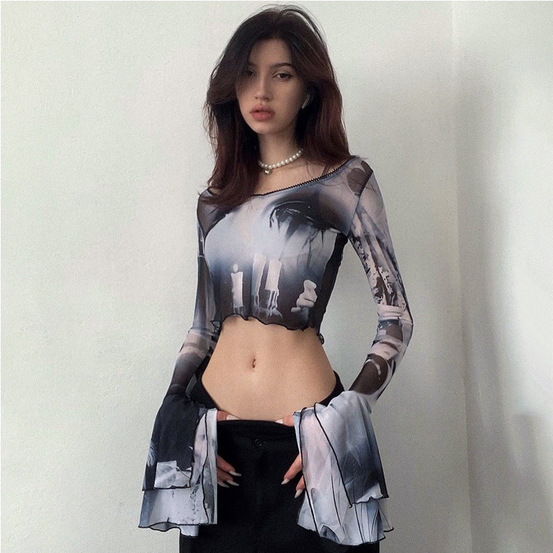 European And American Red Long-sleeved Round Neck Cropped T-shirt