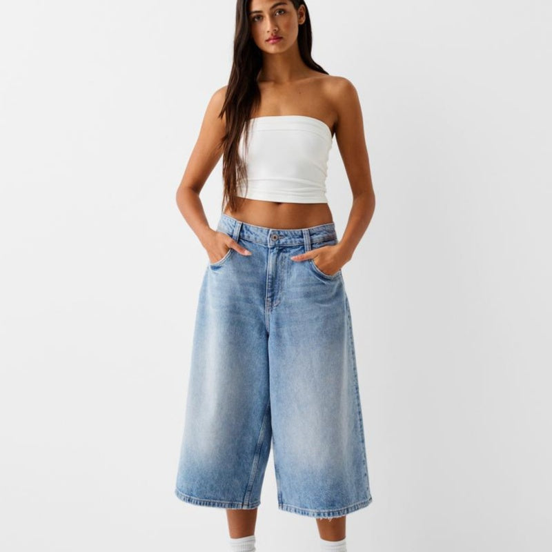 Løse cropped denim bukser med lav talje