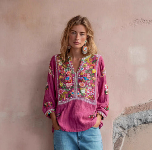 Womens Printed Linen Long-Sleeve Shirt Top