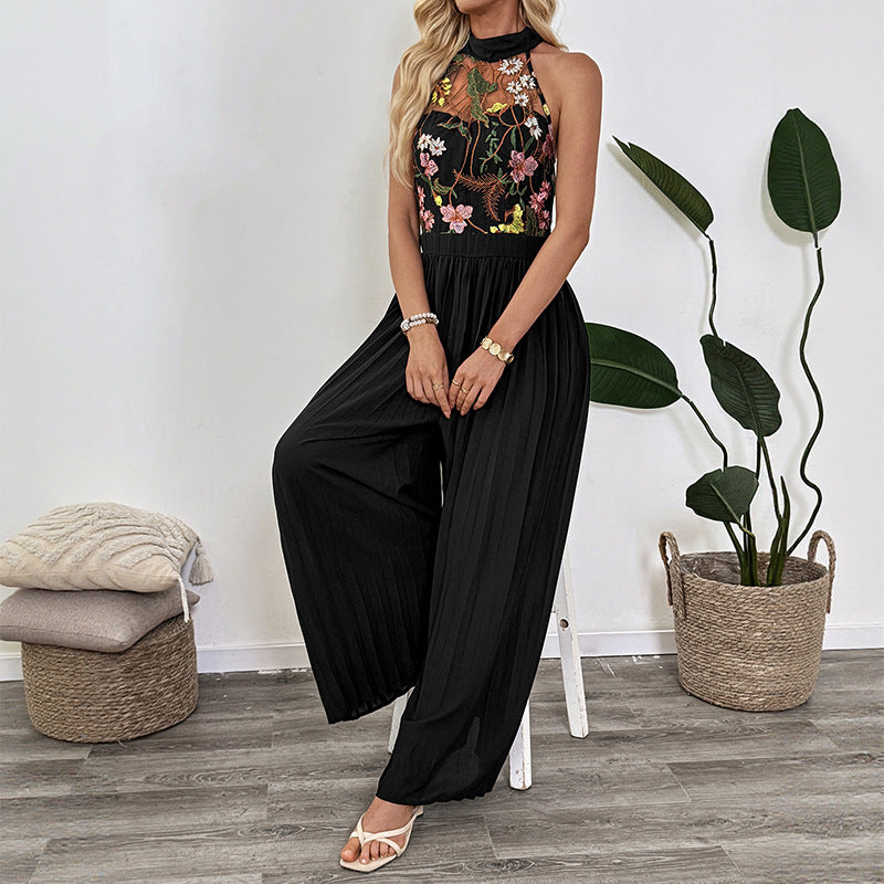 Halter Ærmeløs Blondebroderi Syning Vide Ben Jumpsuit