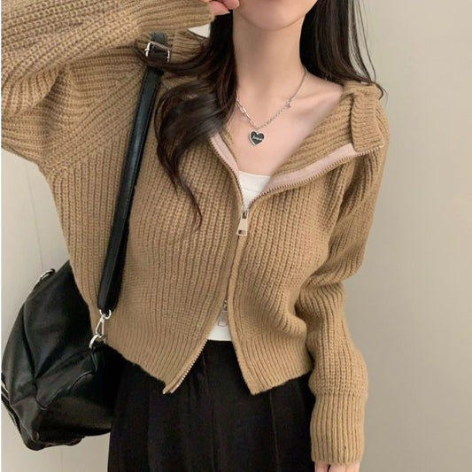 Temperament Leisure Design Sense Niche Double Zipper Hooded Sweater Coat
