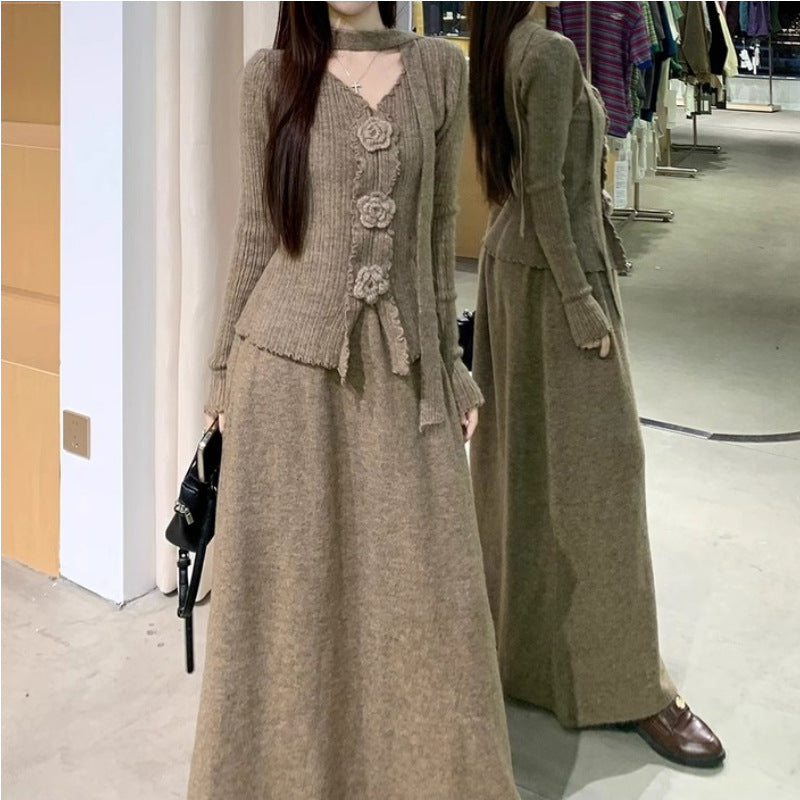 3D Flower V-neck Ribbon Long-sleeved Knitwear High-waisted Slim-fit Set