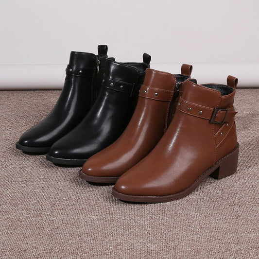 Retro Chunky Heel Studded Buckle Pointed Toe Martin Boots