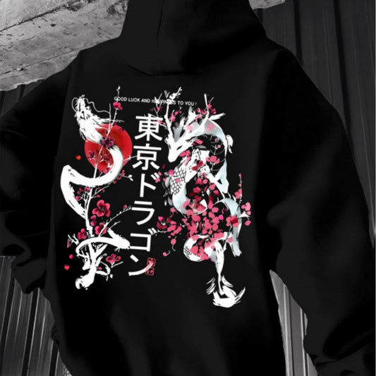 Japanese-style Pattern Hoodie, Light Gray Pullover