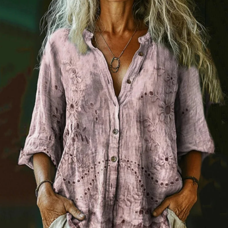 Women's Vintage Floral Texture Print Casual Cotton And Linen Shirt