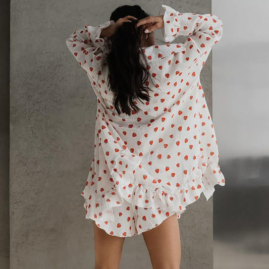Sweet Floral Print Womens Cotton Ruffle-Trim Underwear Three-Piece Set Long-Sleeve Top And Shorts