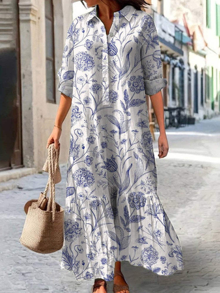 Womens Long-Sleeve Lapel-Neck Digital-Print Dress