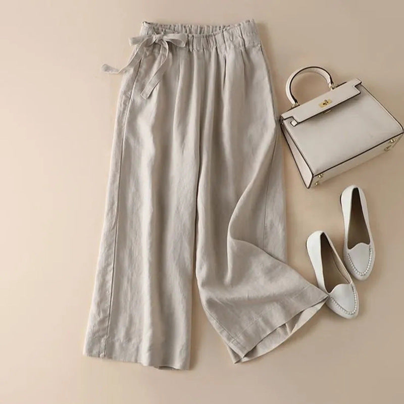 High Waist Side Lace-up Retro Art Elastic-waist Casual Pants For Women