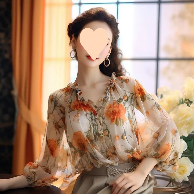 Wooden Ear Puff Sleeve Printed Chiffon Shirt Top