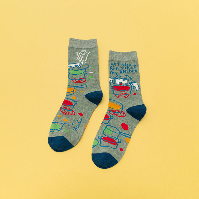 Personality Contrast Color Graffiti Women's Tube Socks Street Style Fashion Cotton Socks