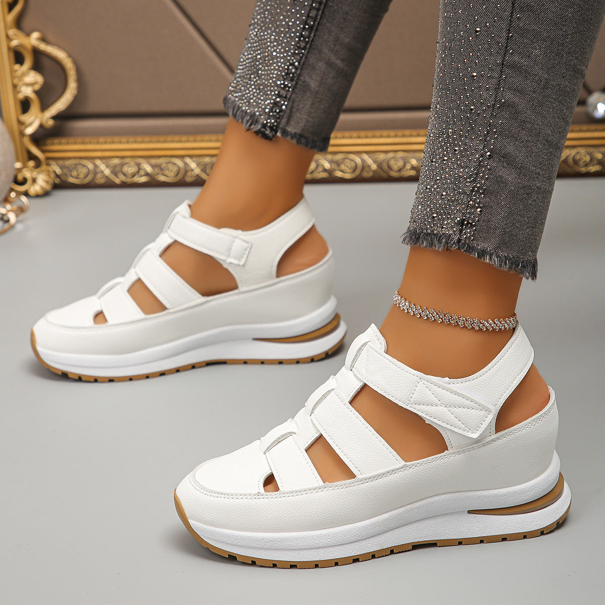 Wedge Sandals Closed Toe Hollow Breathable Thick Bottom Velcro Women